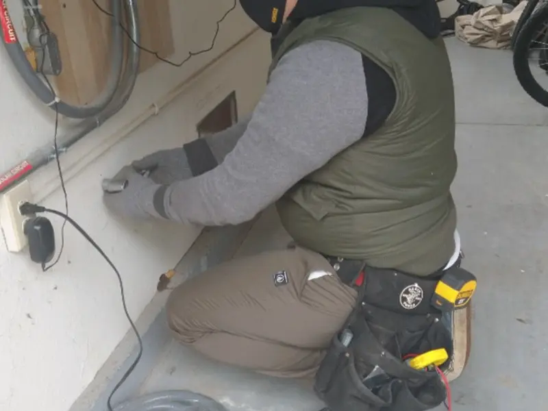 Electrician performing outlet wiring in a Marrero garage